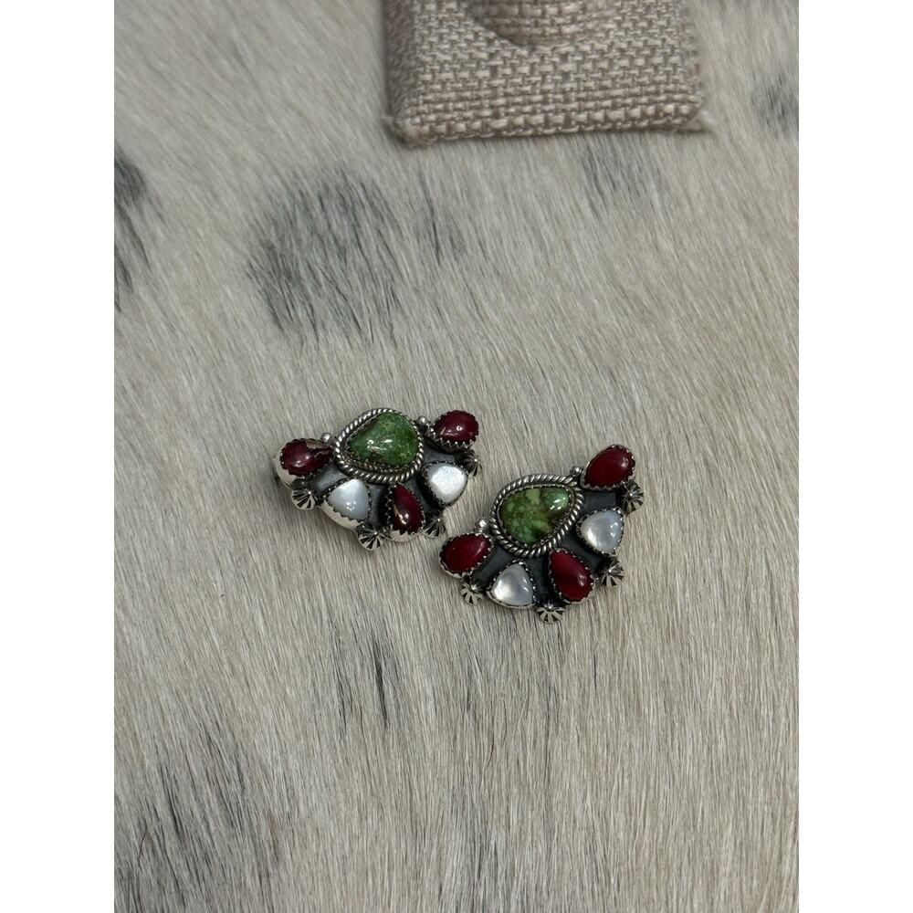 Sterling Silver Sonoran Gold Turquoise Red Dahlia Mother Pearl Cluster Earrings - Picture 9 of 13